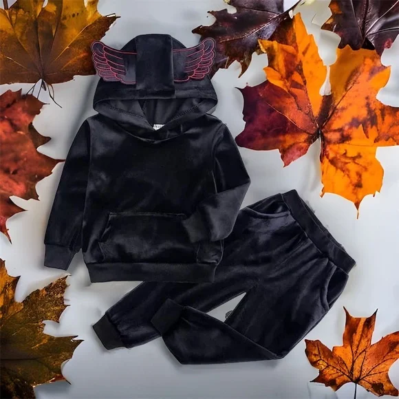 New Kids black velour sweat suit with winged hoodie - Picture 2 of 2